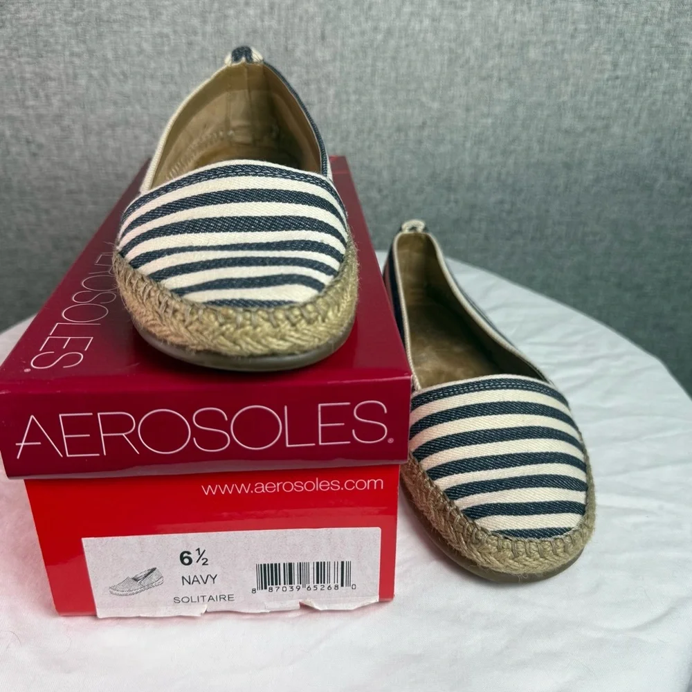 Aerosoles Solitaire Navy Striped‎ Nautical Flats 6.5 Shoes Slip On Espadrille